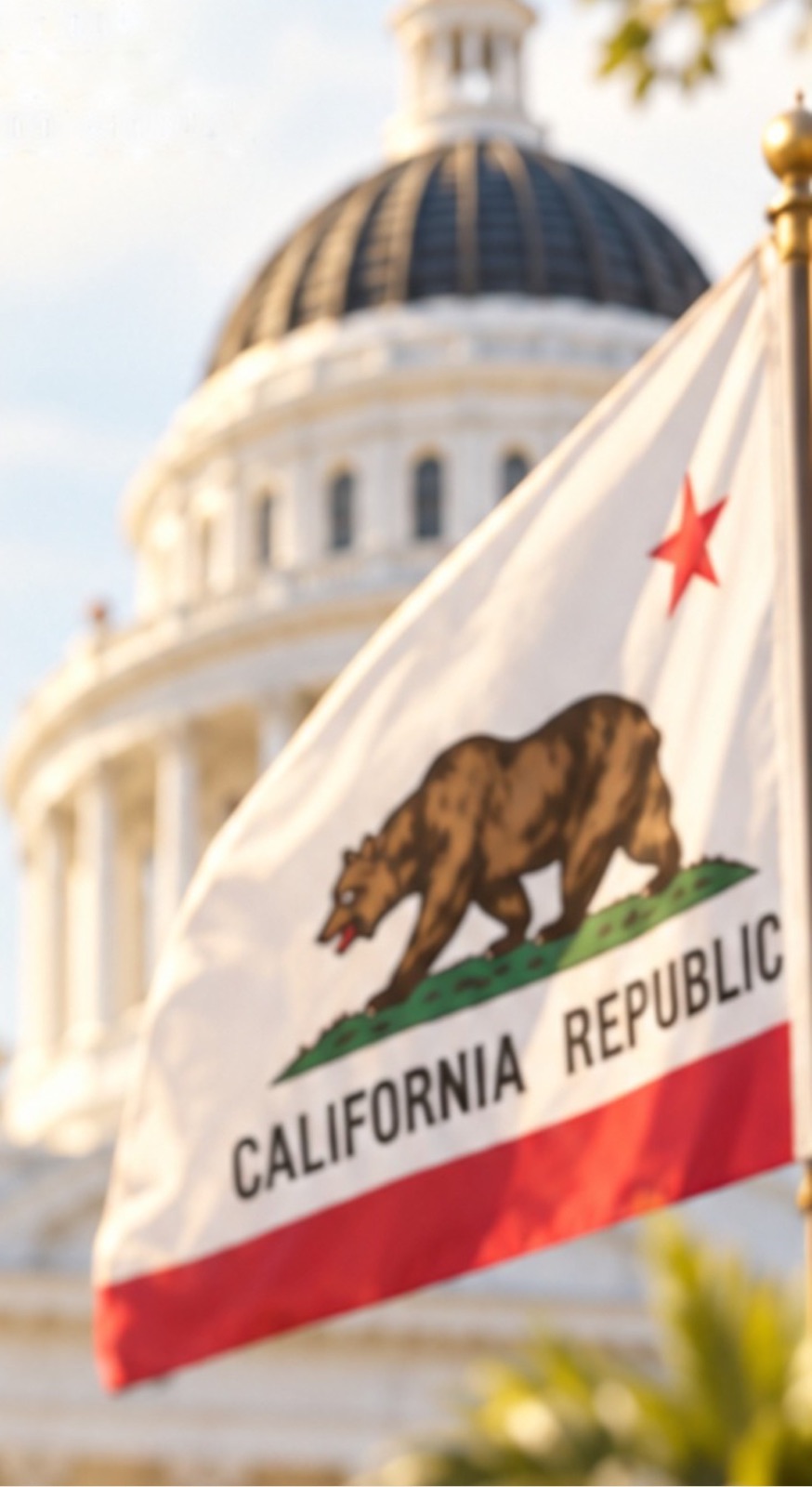The California state flag in front of the State Capitol