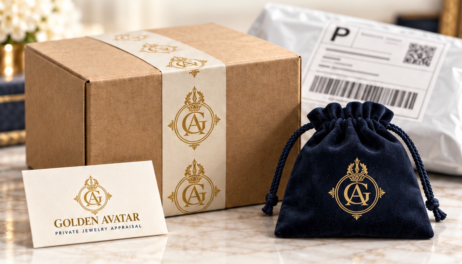 A sealed Golden Avatar package and a velvet jewelry pouch